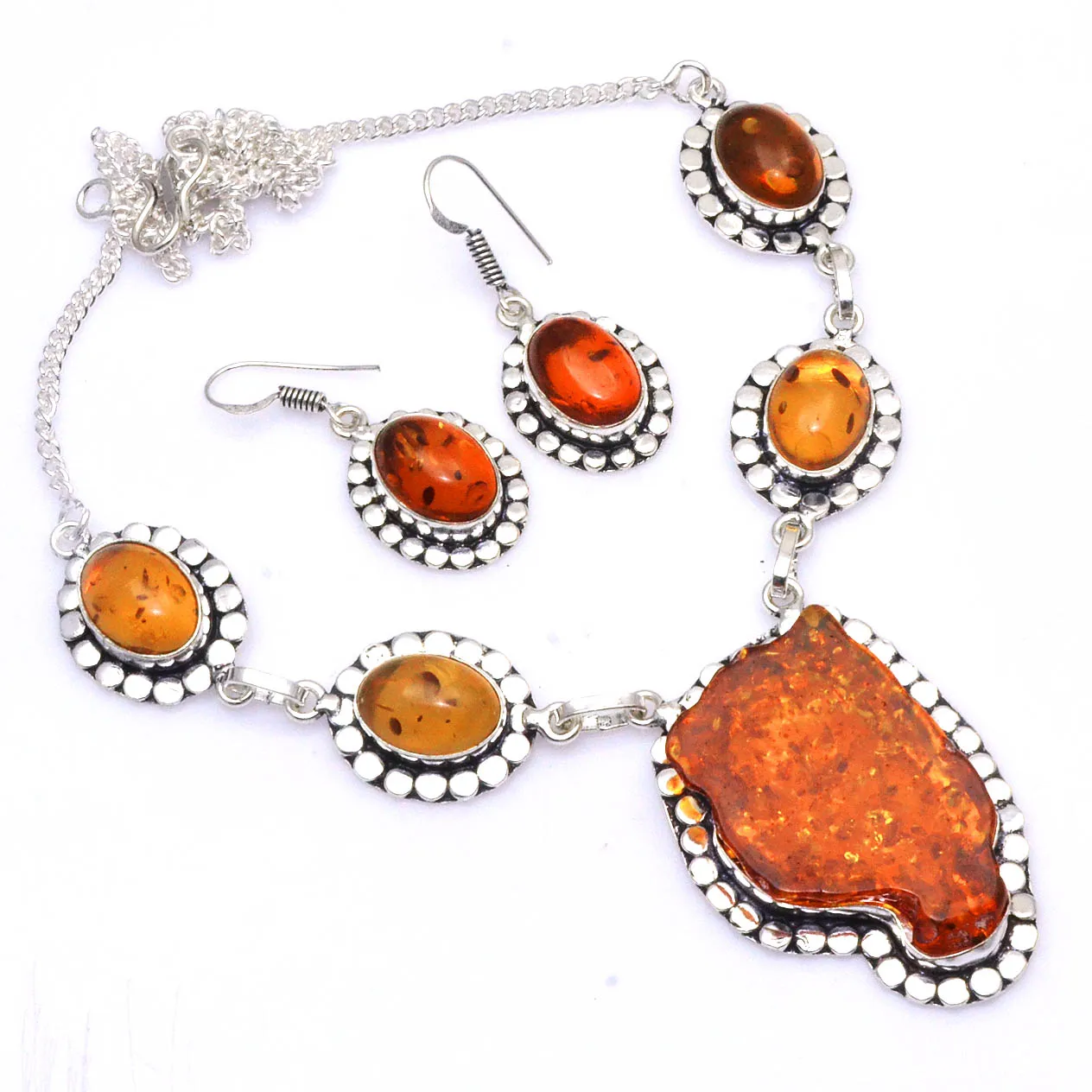 

Genuine Amber Necklace + Earings Silver Overlay over Copper, 49.5 cm , N4659