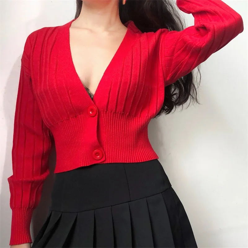 Кардиган женский укороченный с глубоким v-образным вырезом длинным рукавом |