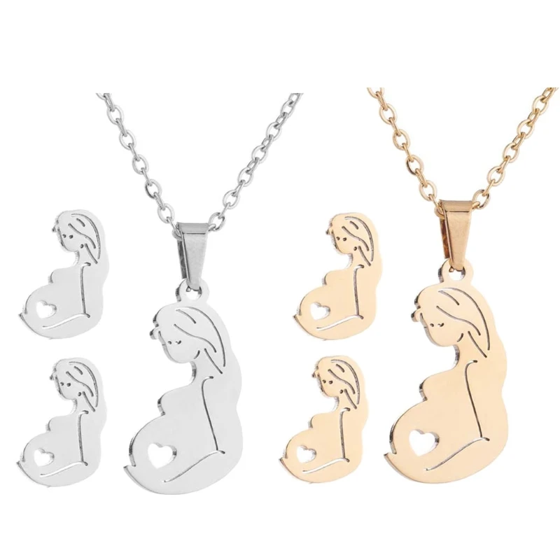 

Stainless Steel Pregnant Mom Baby Pendant Necklace Earrings Mother Jewelry Set 83XF