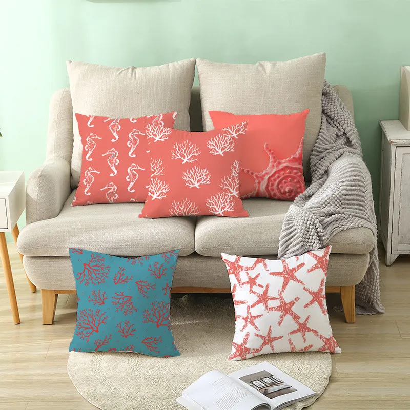 

Living Coral Printed Cushion Covers Geometric Pillowcases Throw Pillow Cover Decorative Bed Modern Decor Home Textile 45*45cm/Pc