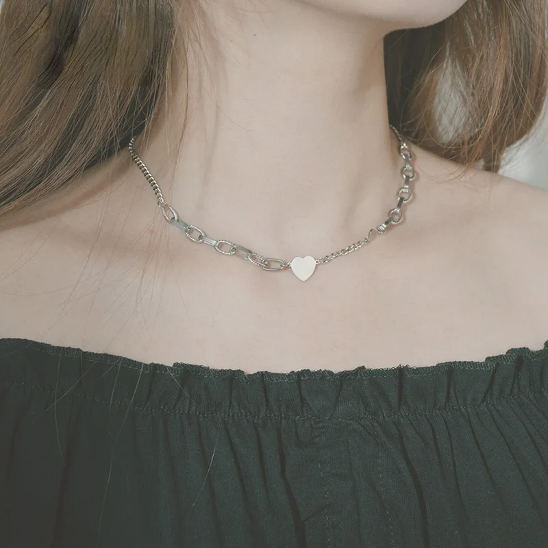 New Titanium Steel Short Love heart Necklace For Women Men Stitching Chain Couple Necklace Stainless Steel Jewelry Wholesale titanium steel necklace punk chunky chain choker necklace new stainless steel chain necklace friendship gifts