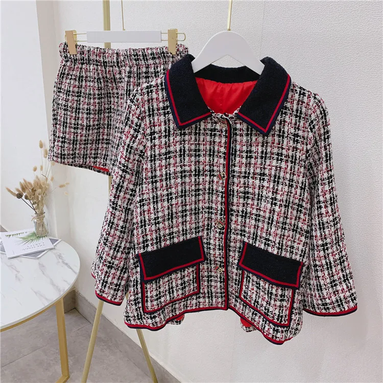 Новинка Клетчатое твидовое пальто с лацканами в стиле ретро Шорты Костюм из двух