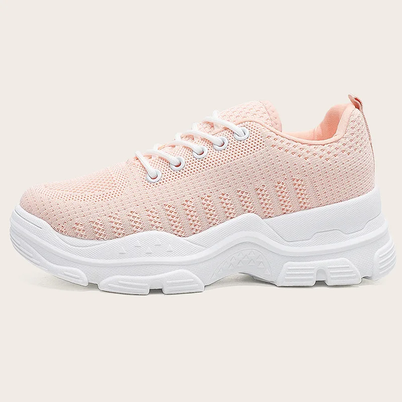 

2021 Women Breathable Mesh Sneakers Thick Bottom Lace-up Asakuchi Student Pink Round Head Platform Casual Woman Shoes