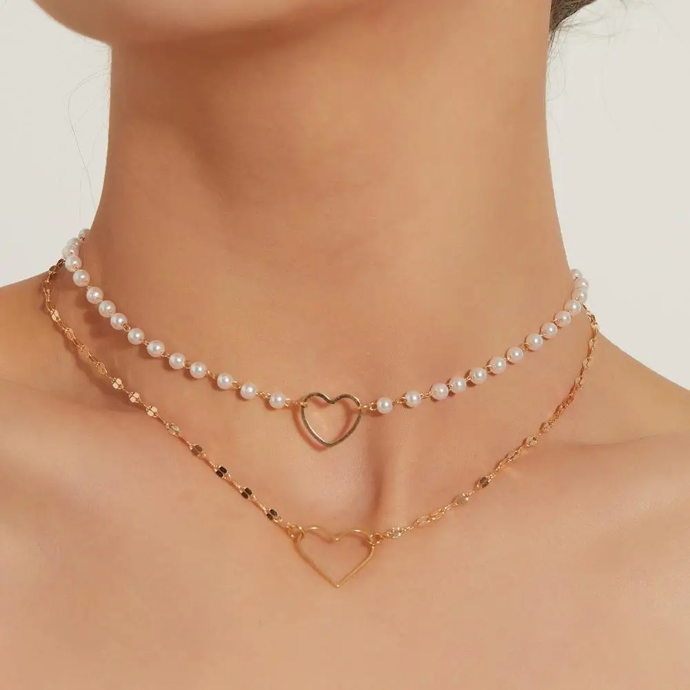 

40% Dropshipping!!Necklace Heart Shape Double-layered Female Imitation Pearl Heart Pendant for Club