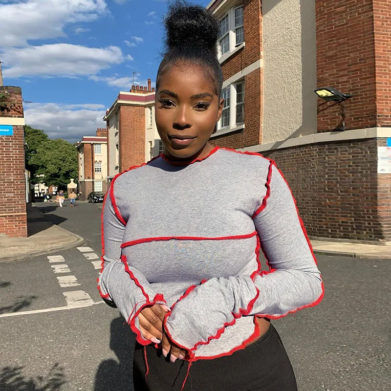 

Women Gray Flare Sleeve Striped Patchwork Long Sleeve T Shirt Turtleneck Autumn 2020 New Fashion Casual Streetwear Female Tops