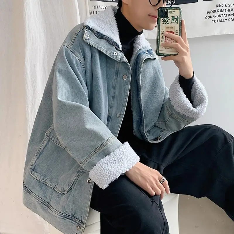 Зимнее пальто из ягненка Мужская трендовая куртка с бархатной подкладкой хлопка