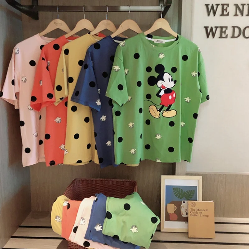 5 Colors Disney Cartoon Mickey Mouse Print Polka Dot Women's Summer Suits Casual Soft Nightgown Women Loose Home Wear Pyjama