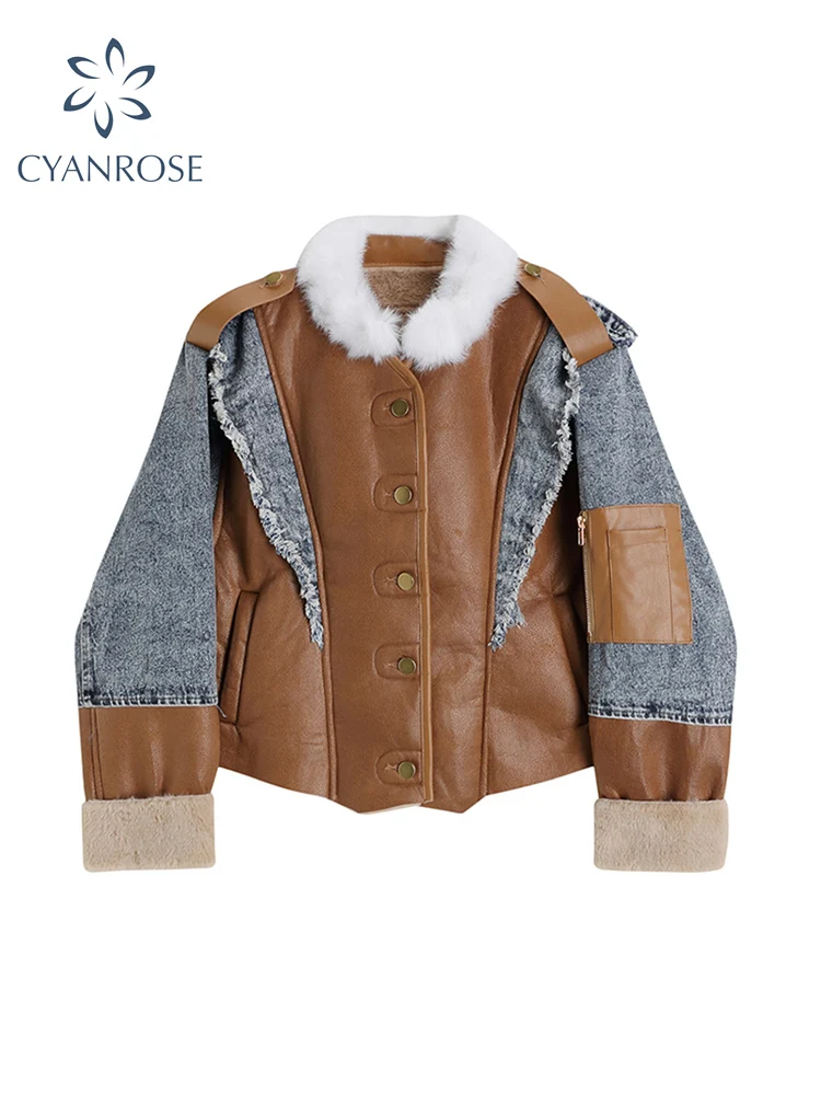 

2022 Women Fake Leather Denim Patchwork Jackets Lady Vintage Streetwear Thick Warm Stand Collar Faux Fur Short Motorcycle Coats