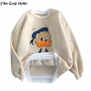 Зимняя толстовка с капюшоном с имитацией двух предметов, женская Свободная Толстовка в Корейском стиле из кашемира с изображением ягненка в стиле Харадзюку, топы, спортивная одежда