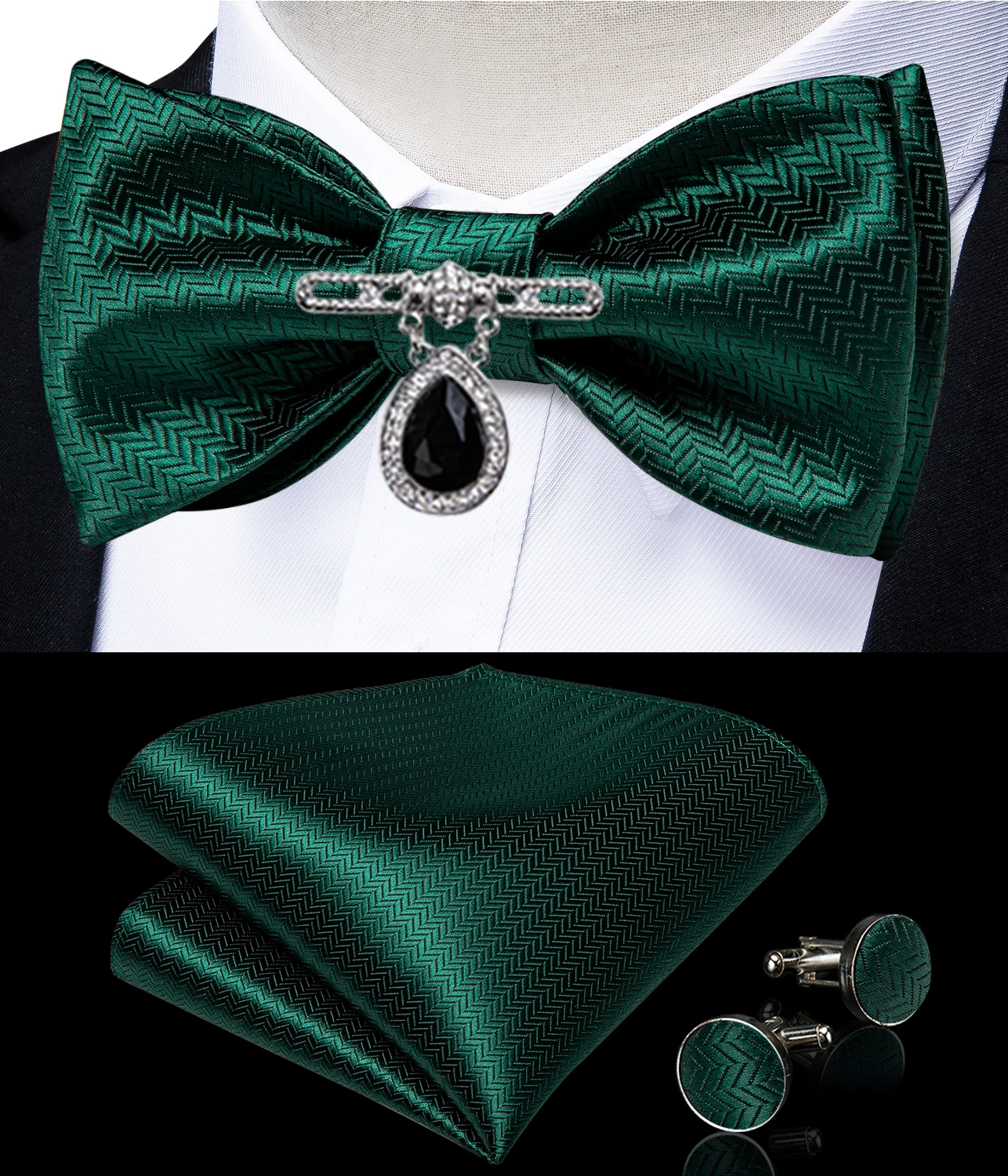 

Bow Ties Set For Men Silk Adjustable Homme Green BowTie Black Jewelry Brooch 4 Pcs Set For Party Prom Graduation Festival Gift