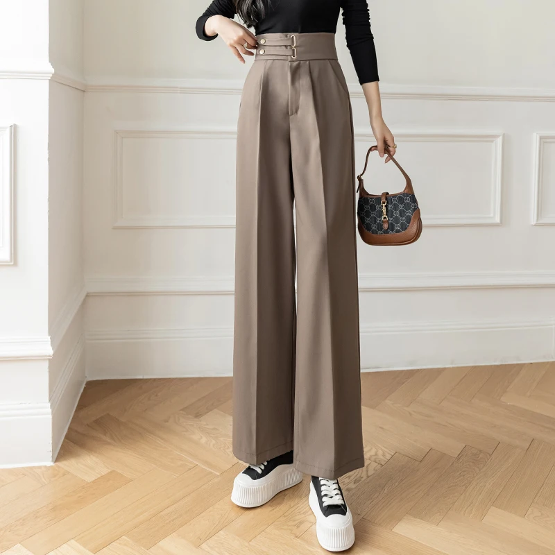 

Брюки женские драпированные прямые с завышенной талией, модные Костюмные штаны в Корейском стиле, свободные черные