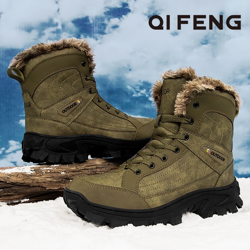 

2022 Men Hiking Shoes Winter Fur Warm Waterproof Leather Outdoor Walking Mountain Shoes Climbing Large Size Sport Shoes Rubber