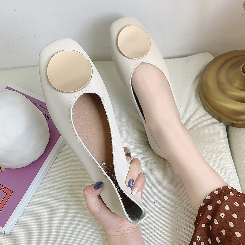 

XIXIYIPIN Women Flats Shoes Low Wooden Heel Ballet Square Toe Shallow Buckle Brand Shoes Slip on Loafer Big Size Mujer Sandals