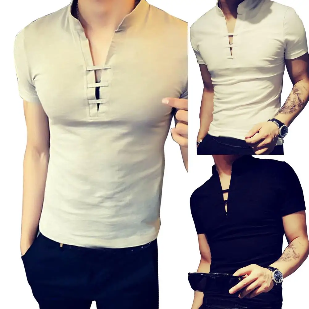 Модная Летняя мужская Однотонная футболка с v-образным вырезом и коротким
