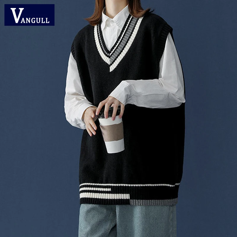 

Vangull College Style Patchwork Women Vest Autumn New Knitted Female Pullovers V-Neck Sleeveless Loose All-match Sweater Vest