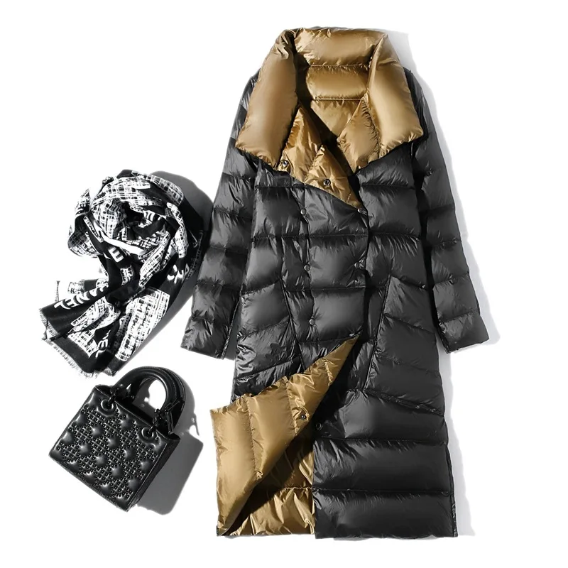 2020 Women Double Sided Down Long Jacket Winter Turtleneck White Duck Down Coat Double Breasted Warm Parkas Snow Outwear
