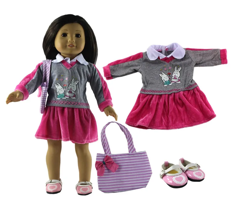 

3in1 Set Doll Clothes Dress+pink shoes+bag Fashion Casual Wear Outfit for 18"American Doll