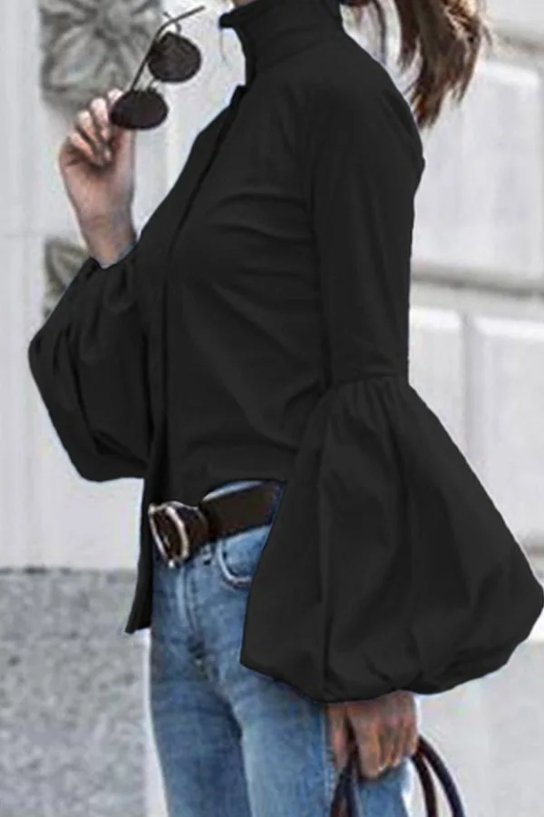 

Blusas Shein Women's Shirt Spring 2020 New Pure Color Lantern Sleeve Slim Pullover Polyester Cotton Womens Tops And Blouses