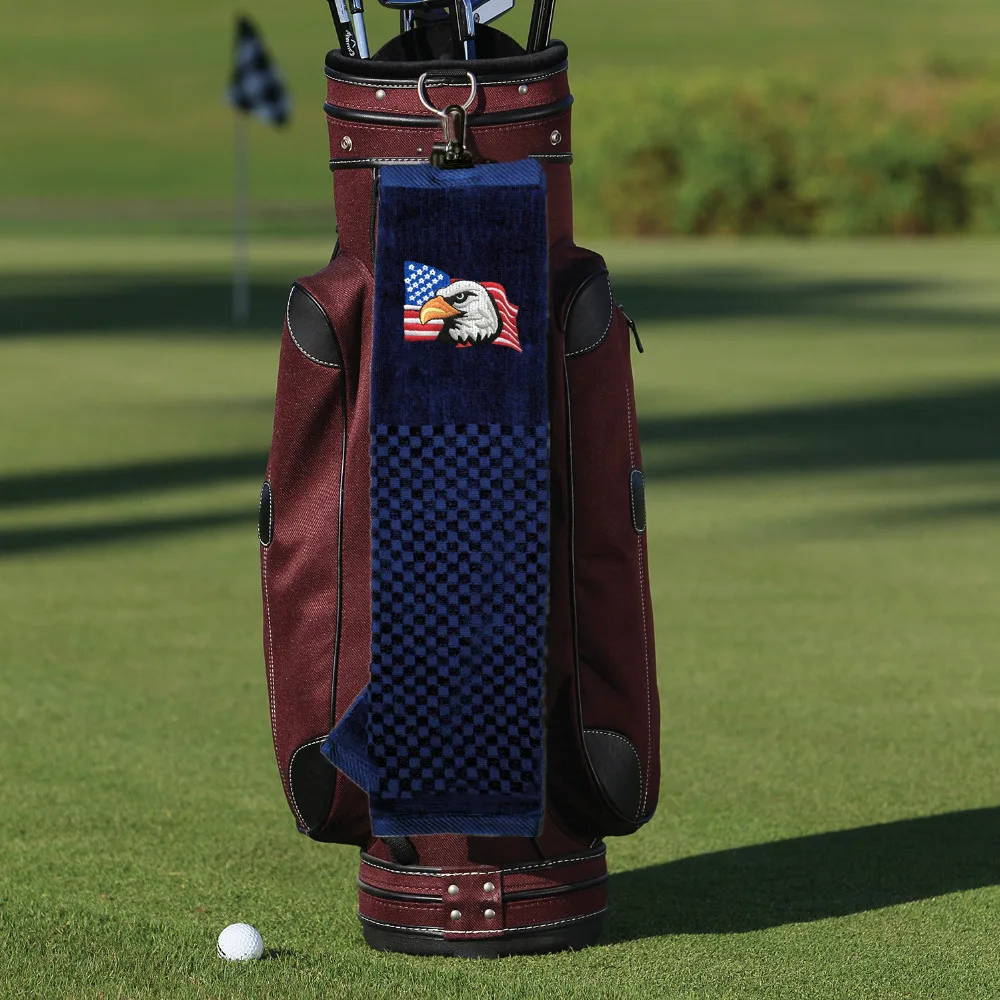 Waffle Pattern Tri-fold Golf Towels with Hook Brush Tool Checkered Scrubber Design Embroidered USA UK Flag Eagle Drop Shipping | Спорт и