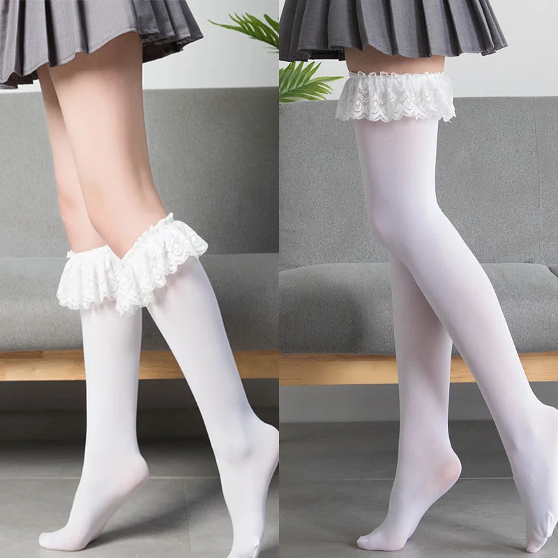 

JK Woman Socks Lace Cute Black White Velvet Lolita Long Socks Sexy Knee High Socks Kawaii Cosplay Anime Ruffle Nylon Stockings