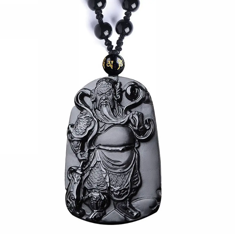 

Natural black obsidian crystal Guan Yu Guan Gong Necklace Hold broadsword Pendant bead with adjustable chain