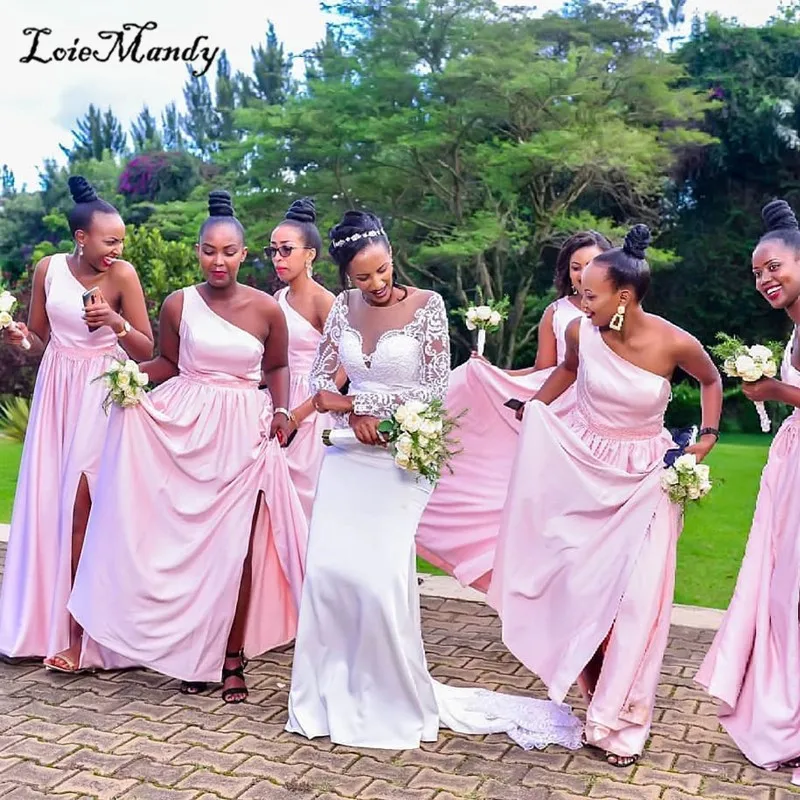 

Peach Bridesmaid Dresses Long 2021 Sexy Side Split Wedding Party Dress Formal One Shoulder African Vestido de festa longo