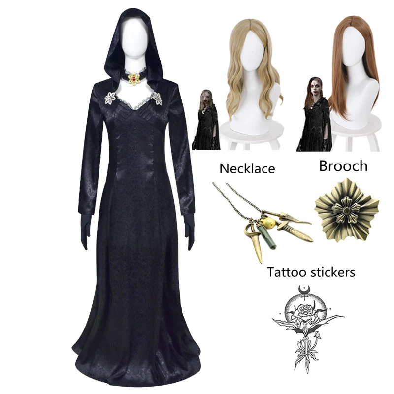 

Косплей Костюм белы Кассандры Даниэлы, Женская Димитреску, женское платье, униформа вампира, ожерелье, брошь с татуировкой на Хэллоуин