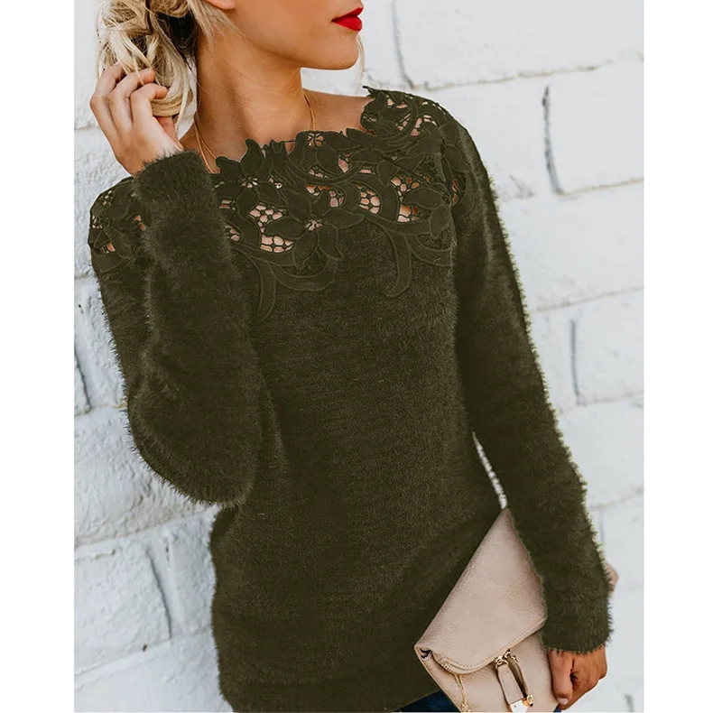 

S-5XL Loose Plus Size Knitted pullover Sweater Sexy Solid Color Splice Lace Long Sleeve Sweater Fashion Female Pullovers Sweater