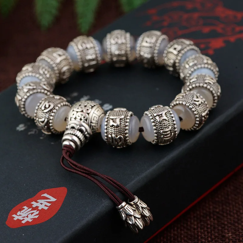 Ом Мани Падме Хум браслет Халцедон инкрустированный 925 серебро натуральный