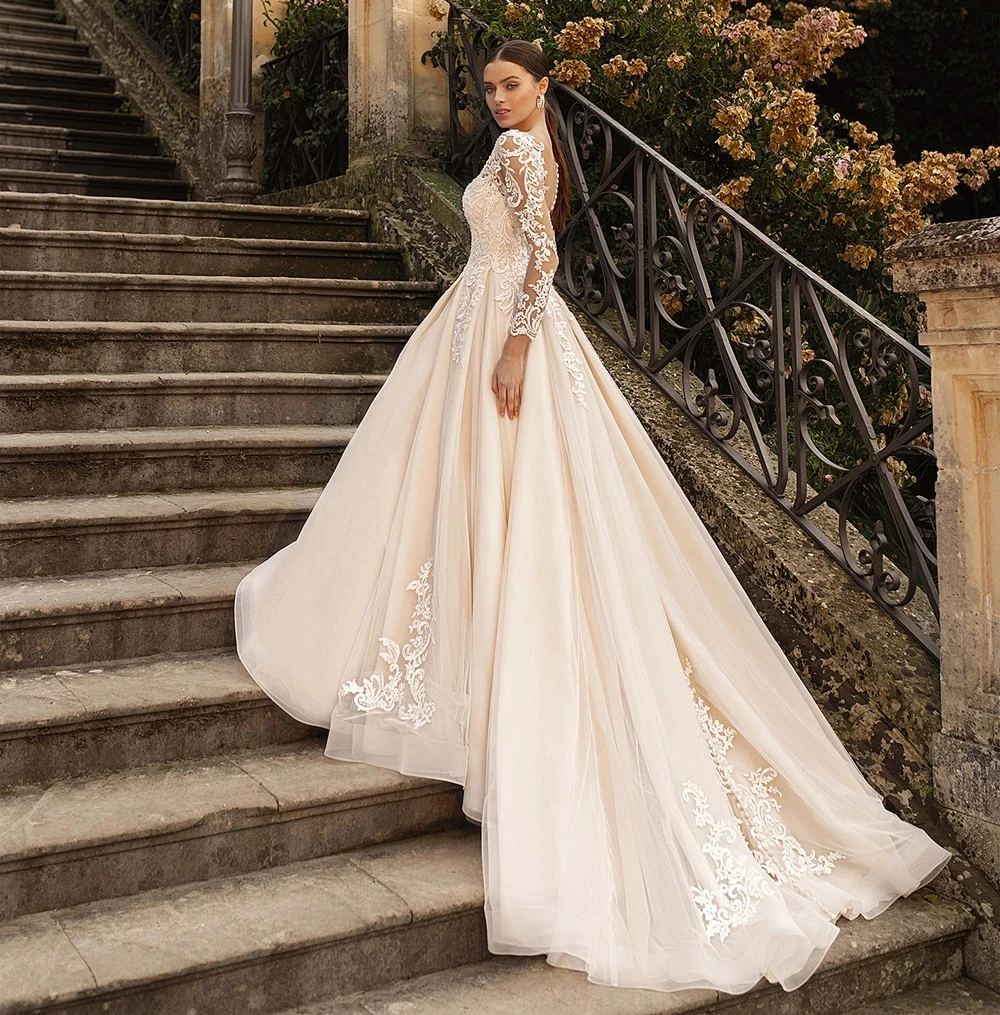 Fashion Wedding Dress Appliques Tulle Vestidos De Novia Luxury Bridal Gowns O Neck Full Sleeve A-Line Formal Robe De Mariee tea length wedding dress