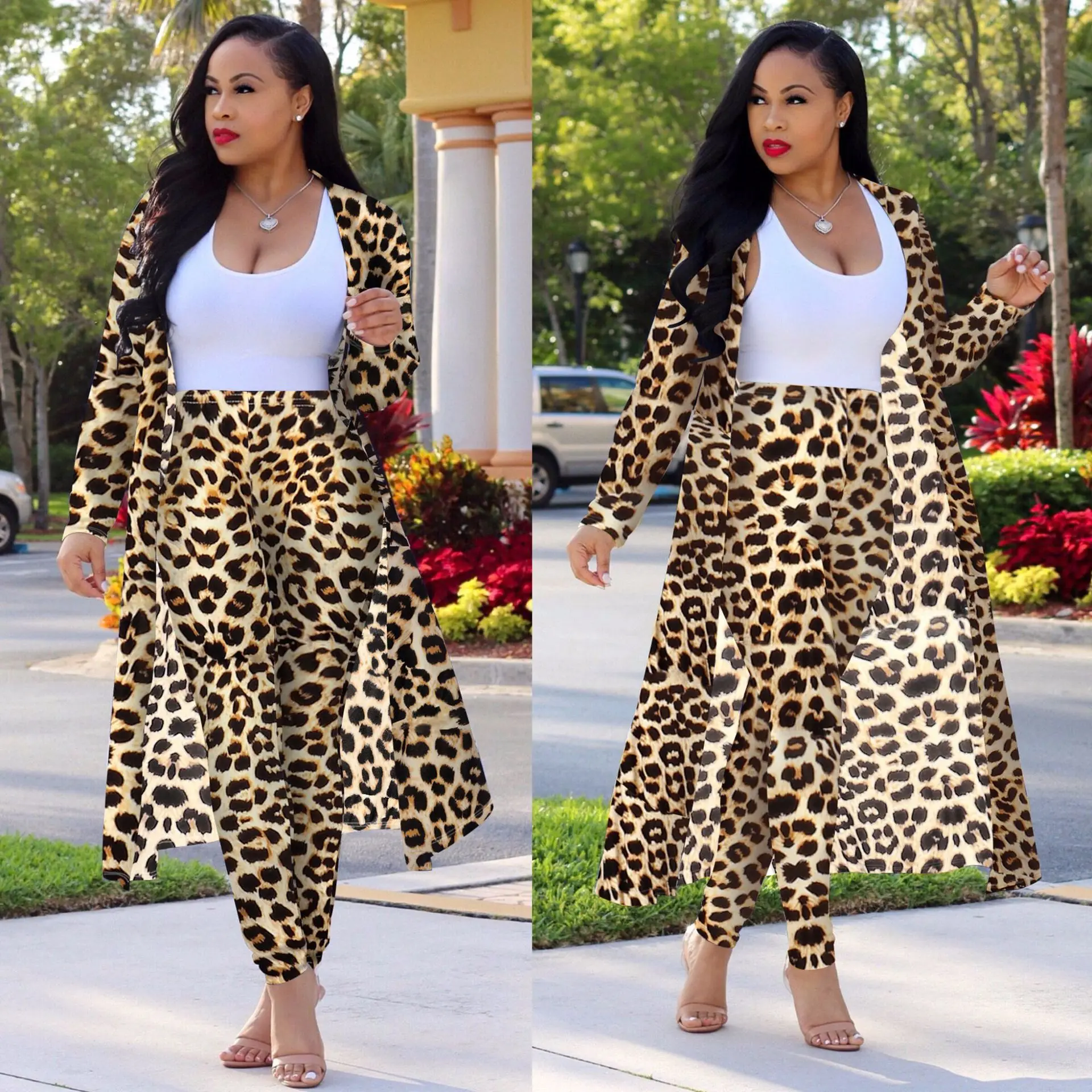 

Spring and Autumn Women's Sexy Slim Printed Cardigan Long-Sleeved Trousers Two-Piece Nightclub Clothes