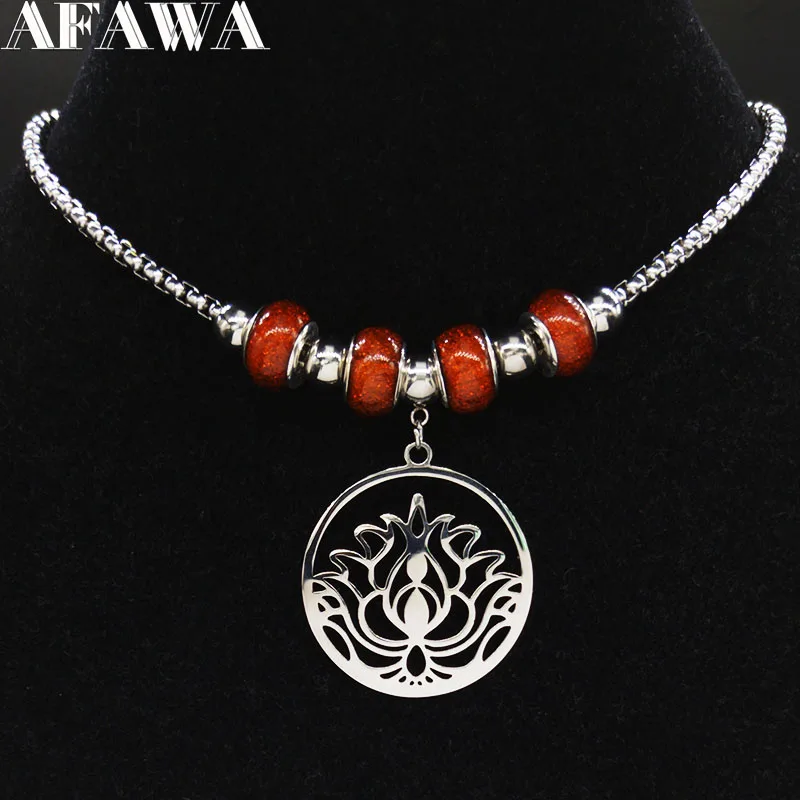 

Fashion Lotus Flower of Life Stainless Steel Chain Necklace for Women Silver Color Beads Neckless Jewerly collares N621S01
