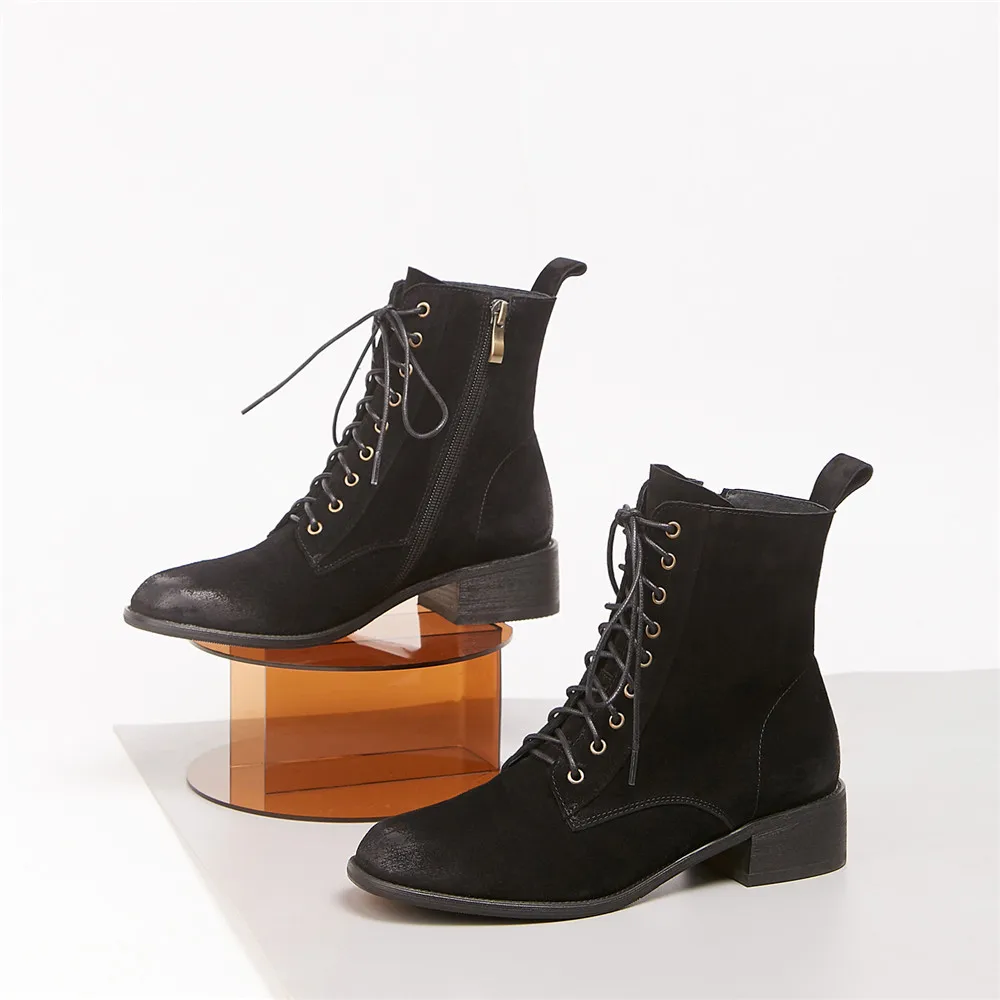 spesifikasi Retro Semata Kaki 4cm Med Tumit Kulit Asli, Round Toe, Cross-tied Renda Zipper Merek Kantor Wanita Gaun Ringkas TN35 MUYISEXI