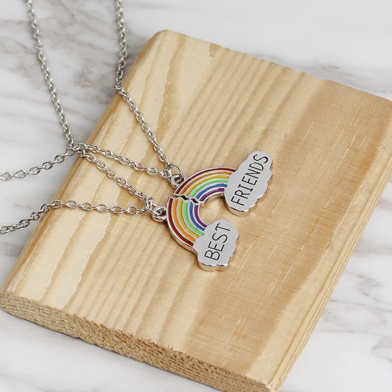 

2 Pcs/set Best Friend Necklace Charm Lady Rainbow Heart Engrave Best Friend Forever Necklace Pendant Friendship Jewelry Gift