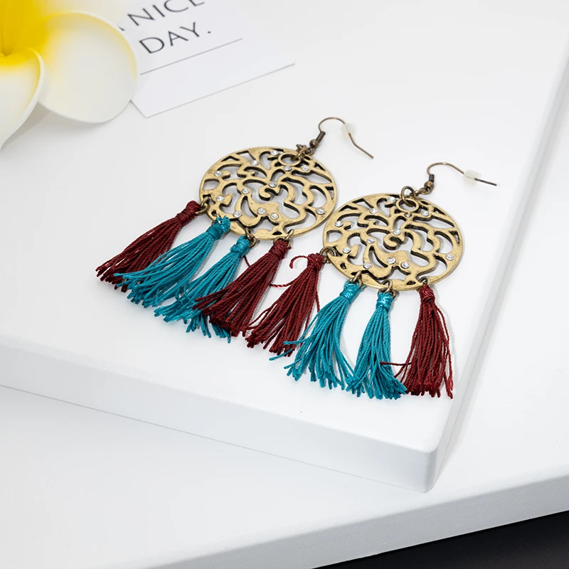 

Jaeeyin New Arrivals Statement Crystal Ear Rings Drop Dangle Earring Alloy Material Red Blue Cord Tassel Hollow Pattern Cabochon
