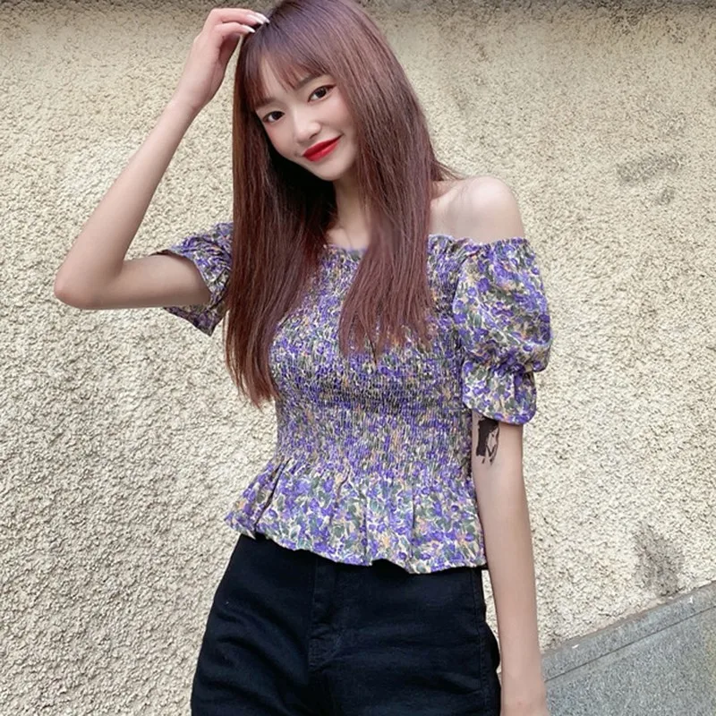 

Summer Chiffon Shirt For Women Fashion Sweet Floral Print Casual Tops Trendy Sexy Slim Slash Neck Short Sleeve Blouse