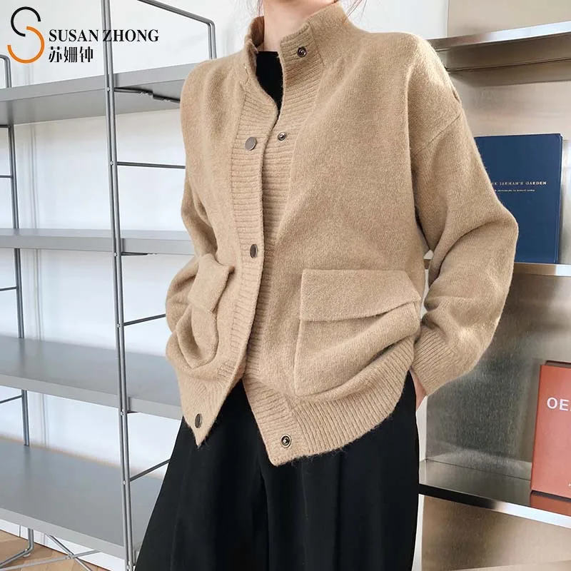 

Women Cardigans Female Sweater Lady Knitwear Coat 2021 Spring Elegant Cozy Mock Neck Drop Shoulder Buttons Flap Pockets Loose