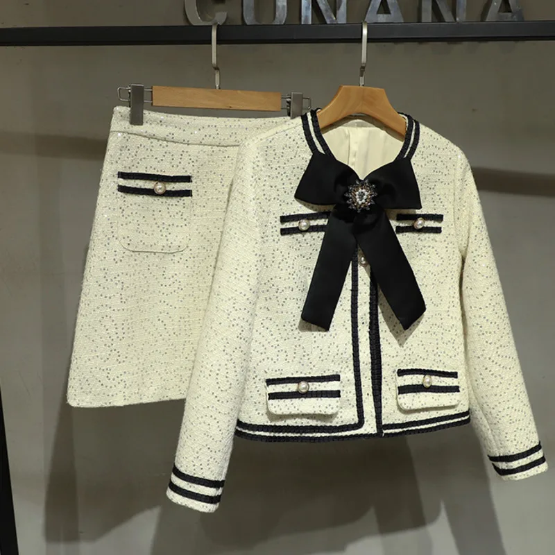 

Женский твидовый костюм с блестками, элегантный комплект из двух предметов, жакет с жемчужинами и юбка с высокой талией, Осень-зима 2021