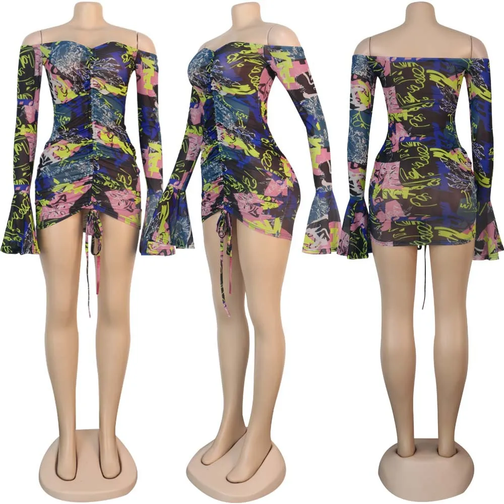 

Snake Tie Dye Printed Ruch Drawstring Wrap Dress Woman Off Shoulder Long Flare Sleeve Sheath Dresses Retro Backless Robe Femme