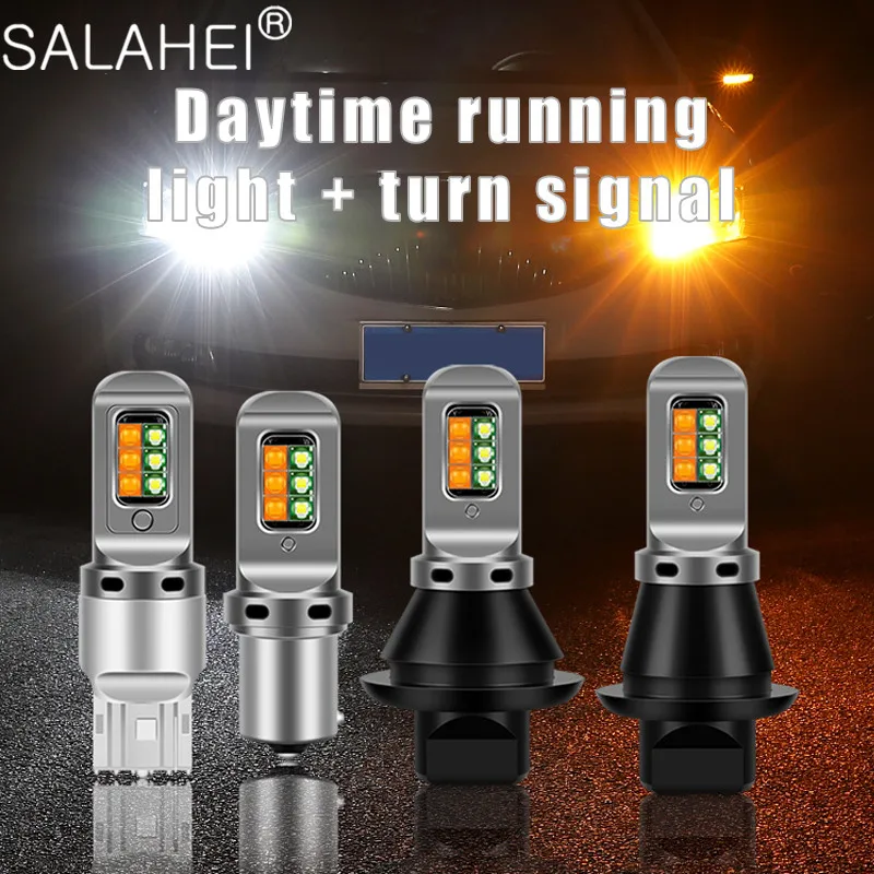 

2PCS DRL Running Turn Signals 3535 12SMD P21W PY21W BAU15S P27W W21W 7440 LED Canbus Dual Color White Amber Auto Bulbs No Error