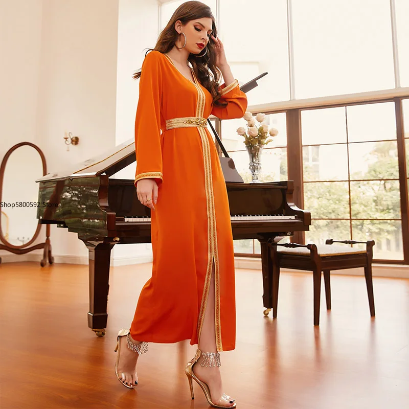 Rhinestones Party Dress Moroccan Kaftan Fashion Women Slit Golden Trimmed Long Sleeve Muslim Eid Abaya Night Gown Saudi Dubai