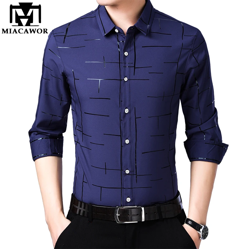 

MIACAWOR New 2022 Spring Long Sleeve Casual Shirts Men Slim Fit Camisa Masculina Fashion Print Dress Shirt Plus Size C572