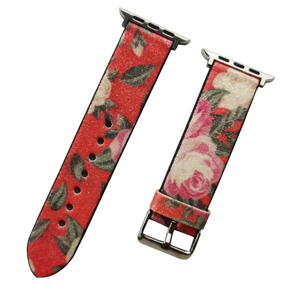 Скраб Яркий кожаный ремешок для Apple Watch Band Series 6/5/4/3/2/SE 44/40 мм 42/38 браслет с цветочным