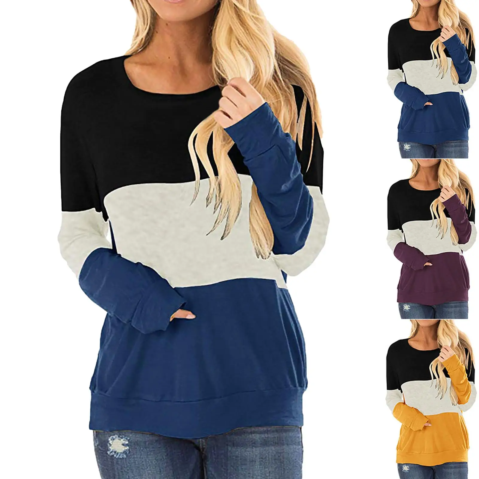 

Autumn Women Loose Casual Color Block Leisure Long Sleeve O Neck Pullover Tops Tunics