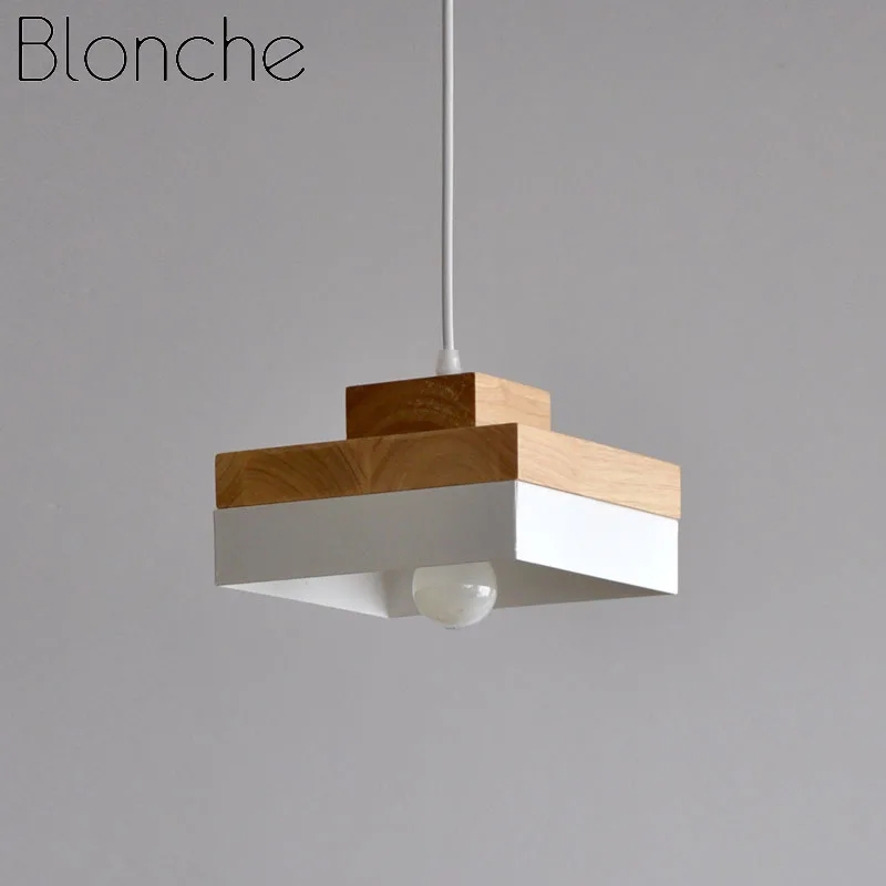 Blonche Modern Pendant Lights Wood Hanging Lamp Round/Square Lighting for Living Room Dining Room Kitchen E27 Simple Fixtures