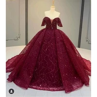 glitter luxury red ball gown quinceanera dress for sweet girl short sleeve beads sequined sweetheart party gowns robe de bal