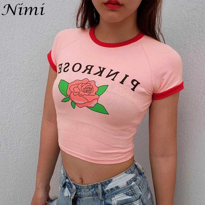 

NiMi Letter Y2k Short Sleeve Women T shirt Summer Skinny O-Neck Print Cotton Ladies Cute Tops Streetwear Trend Multiple Styles