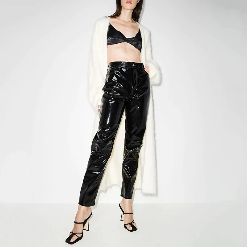 SAT Designer Woman Pantalones De Moda Para Mujer Black High Waist Straight-leg Patent Finish Trousers