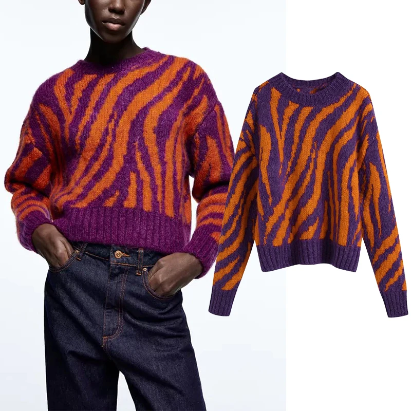 

Winter 2022 Women Animal Pattern Jacquard Sweater O Neck Long Sleeve Jumper Female Chic Casual Loose Tops