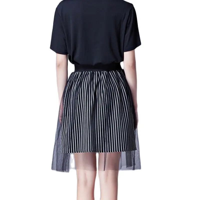 Vintage Summer Black White Striped A-Line Knee-Length Mesh Large Size Skirts Office Casual Brand Design Oversized Women Clothing | Женская
